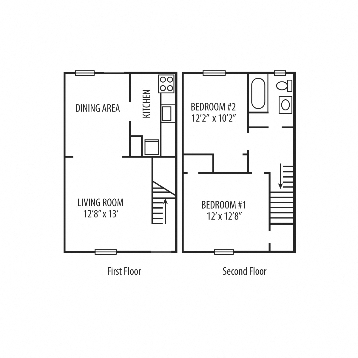 Floor plan for 2 beds, 1 bath, 795 sqft